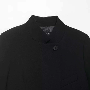 Minimalist black women's stand collar blazer with three-quarter sleeves and sleek design