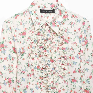Women's floral print shirt with layered ruffles and vintage collar in breathable fabric