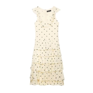 Robe Longue à Pois Femme Élégante Sans Manches Col en V à Volants Coupe Trapèze Étagée Robe de Vacances d'été