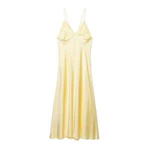 Robe Sexy pour Femmes en Satin Jaune Bretelles Spaghetti Col en V Froncé Élégante Sans Manches Dos Nu Longue Midi Fête