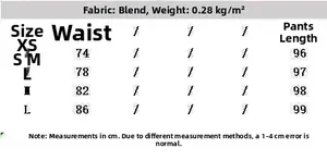 Size chart for snake print wide leg pants listing measurements for XS to L in cm