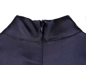 Detail of high neck satin mini dress in navy blue with seamless back zipper closure