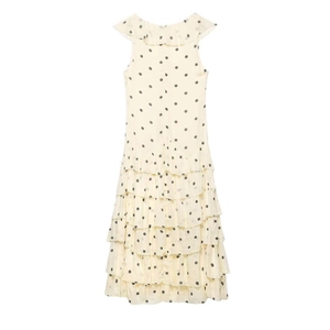 Robe mi-longue sans manches crème à pois avec volants et jupe à plusieurs couches élégante