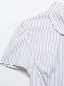 Detail of blue striped poplin shirt showing Peter Pan collar and puffed sleeves