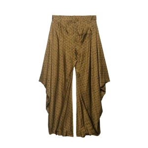 Women's olive brown wide leg pants with black abstract geometric print and draped design