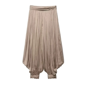 Dames Elegante Hoge Taille Geplooide Harembroek Champagne Goud Satijn Gemanchet Lantaarnbroek Casual Pantalon