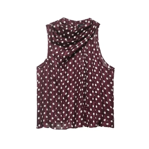 Blouse Sans Manches Vintage à Pois pour Femmes Col Bénitier Top en Mousseline Plissé Été Rouge Vin Décontracté Élégant