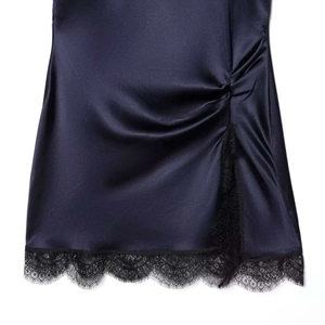 Midnight blue satin mini dress with black lace trim and elegant side slit pleats