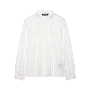 Women Elegant White Lace Patchwork Blouse Vintage Stand Collar Pleated Long Sleeve Shirt Casual Office Commuter Tops