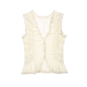 Women's French Vintage V Neck Sleeveless Blouse Elegant Lace Trim Ruffle Pleated Button Down Chiffon Top Beige Shirt