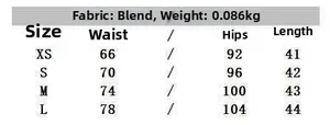 Detailed size chart for asymmetric lace skirt including waist, hip and length measurements