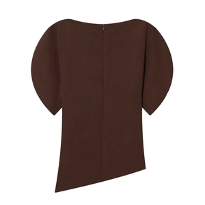 Detailed back view of dark brown blouse with structured sleeves and invisible zipper