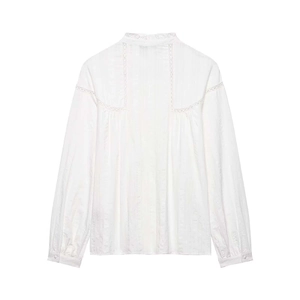 Vintage white stand-collar lace shirt with long sleeves and delicate vertical texture