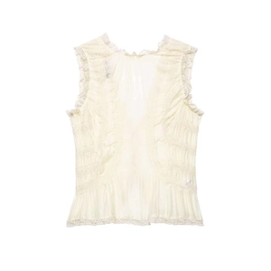 Beige V-neck sleeveless lace blouse with pleated semi-transparent fabric for women
