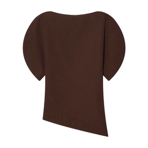Minimalist dark brown off-shoulder blouse with lantern sleeves and asymmetrical hem