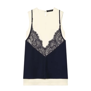 Damen zweiteiliges ärmelloses Top mit marineblauem Camisole und feinem schwarzem Spitzenbesatz