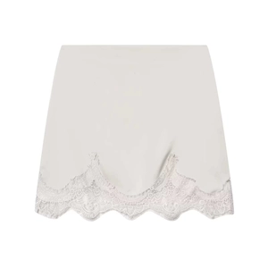 Women's light grey mini skirt with an asymmetric white floral lace hemline and sleek fabric