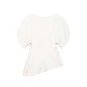 Minimalist white off-the-shoulder puff sleeve shirt with asymmetric hem for women