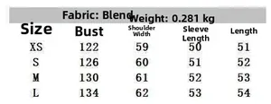 Size guide table for polka dot jacket showing measurements for sizes XS to L in detail