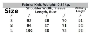 Size chart for heart jacquard knit cardigan showing chest, shoulder, and sleeve measures