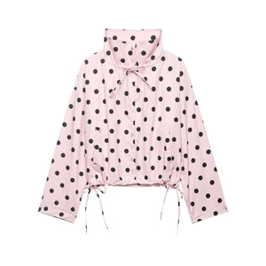 Casual pink long sleeve jacket with black polka dots and drawstring collar details