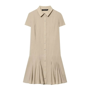 Women Short Sleeve Khaki Shirt Dress Pleated Hem Polo Collar Single Breasted Slim Fit Casual Summer Mini Dress