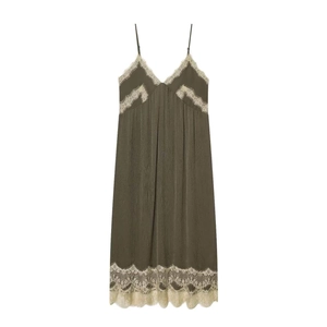 Olive Green V Neck Lace Slip Maxi Dress Elegant Pleated Polyester Adjustable Straps Splicing Women Sexy Party Dress