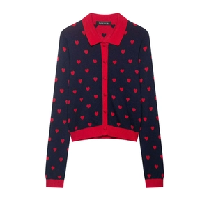 Women Casual Heart Jacquard Knit Cardigan Contrast Lapel Long Sleeve Button Up Sweater Navy Blue Red Retro Knitwear