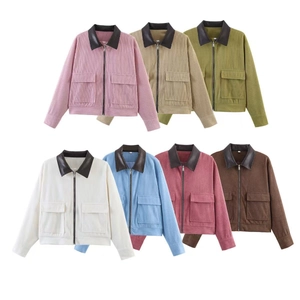 Women corduroy patchwork jacket with faux leather collar and zip pockets in 7 colors