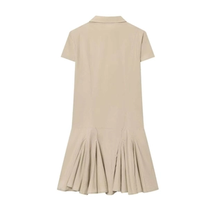 Short sleeve khaki shirt dress with a lapel collar and a unique pleated hem design