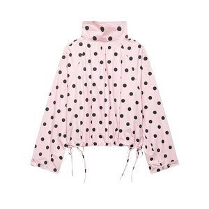 Pink polka dot long sleeve jacket with high collar and adjustable drawstring hem