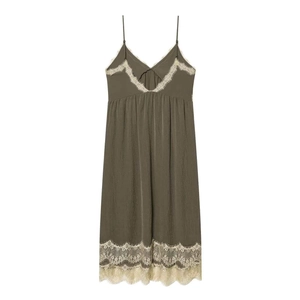 Olive green V-neck camisole dress with white lace trim and adjustable straps for summer
