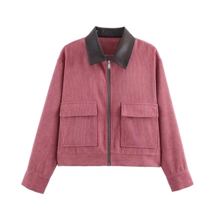 Women's dusty pink corduroy jacket with dark brown leather collar and zip front