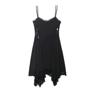 Robe Caraco Femme Gothique Sexy Noire Patchwork Dentelle Col en V Ourlet Irrégulier Taille Haute Sans Manches Midi Robe de Fête
