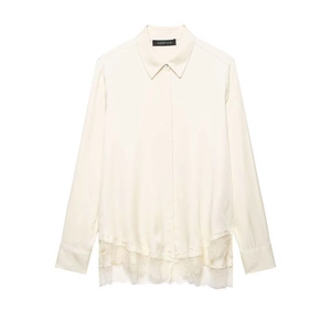 Women's Elegant Satin Blouse With Lace Hem Long Sleeve Button Down Shirt For Office Daily Casual Commute Minimalist Top