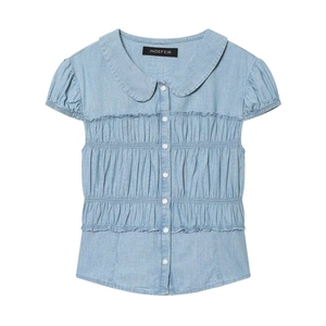 Women Peter Pan Collar Short Sleeve Blouse Light Blue Smocking Detail Ruffle Trim Button Down Casual Commuter Shirt Top