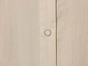 Detail of khaki short-sleeve dress with high-quality silver metal snap and fine stitching