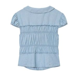 Light blue short sleeve shirt with layered elastic ruffled back and puff sleeves detail