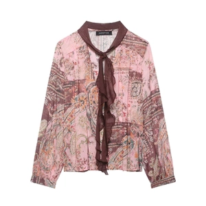 Blouse en Chiffon à Imprimé Paisley Vintage pour Femmes Manches Longues Col Noué Ourlet à Volants Haut Élégant Rose