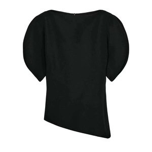 Minimalist black puff sleeve off-shoulder top with asymmetric hem and elegant boat neck
