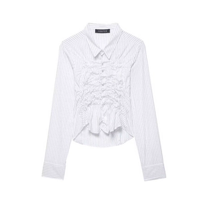Women's white striped long sleeve shirt with ruffled detail and asymmetric hem