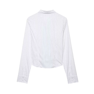 Back view of a white pinstripe long sleeve shirt with a classic collar and slim fit cut
