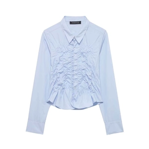 Light blue long sleeve shirt with classic lapel and pleated front design on white background