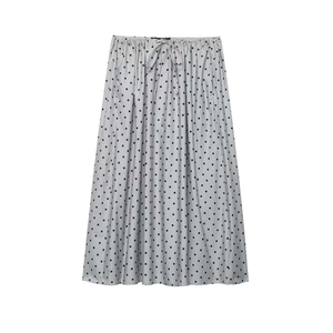 Jupe Trapèze à Pois Décontractée pour Femmes Taille Haute avec Cordon de Serrage Élastique Gris Jupe Longue Midi Mode Été
