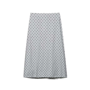 Jupe mi-longue évasée gris clair à pois pour femme avec taille haute et cordon de serrage