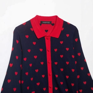 Navy blue women's cardigan with red heart jacquard patterns and heart-shaped buttons
