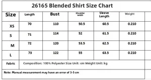 Size chart for women's striped patchwork blouse with chest, shoulder and length measurements