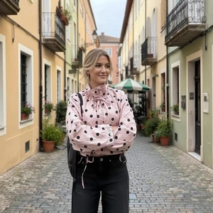 Pink polka dot long sleeve shirt for women featuring a ruffled high neck and drawstring details