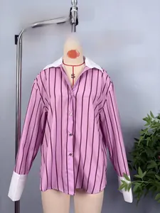 Close-up of pink and purple striped shirt featuring white contrast collar and button detail