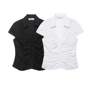 Women Vintage Ruched Polka Dot Short Sleeve Shirt Casual V-Neck Puff Sleeve Slim Fit Button Down Blouse Top
